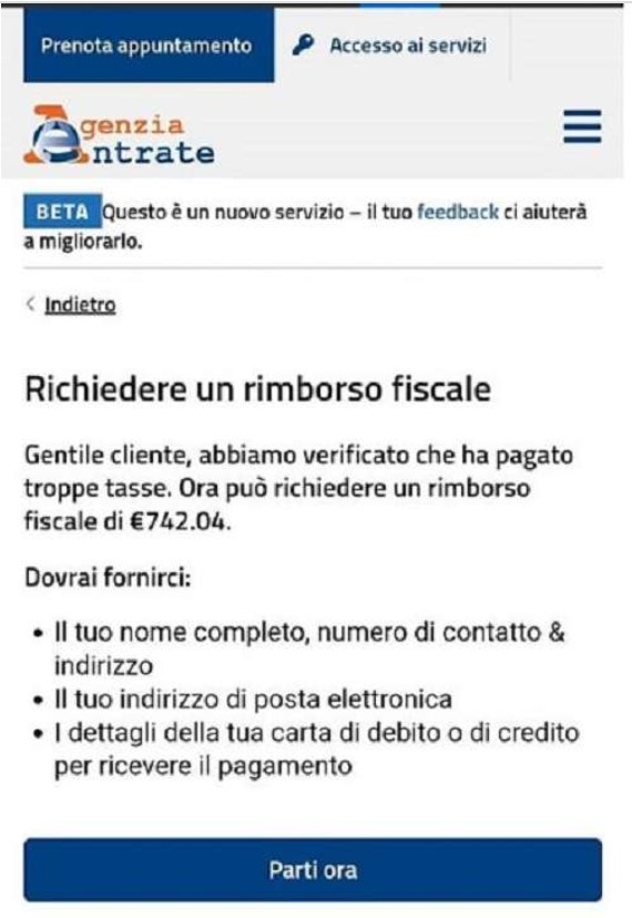 Pagina fake Agenzia delle Entrate